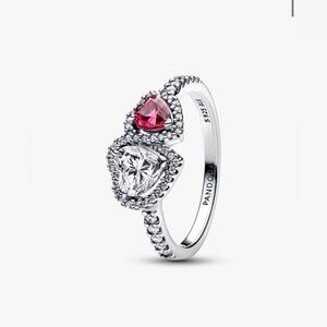Pandora Halo Hearts Silver Ring with Red and Clear Stones.